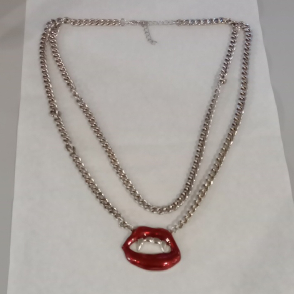 Silver Chain Necklace with Red Lip Pendant